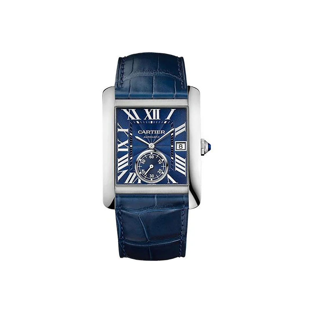 Cartier Tank MC Watch – 34.3 mm Steel Case – Blue Dial – Dark Blue Alligator Strap – WSTA0010