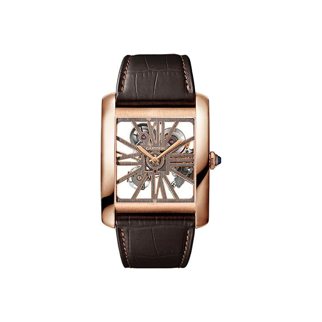 Cartier Tank MC Watch – 34.5 mm Pink Gold Case – Pink Gold Case Bezel – Skeleton Dial – Brown Alligator Strap – W5310040