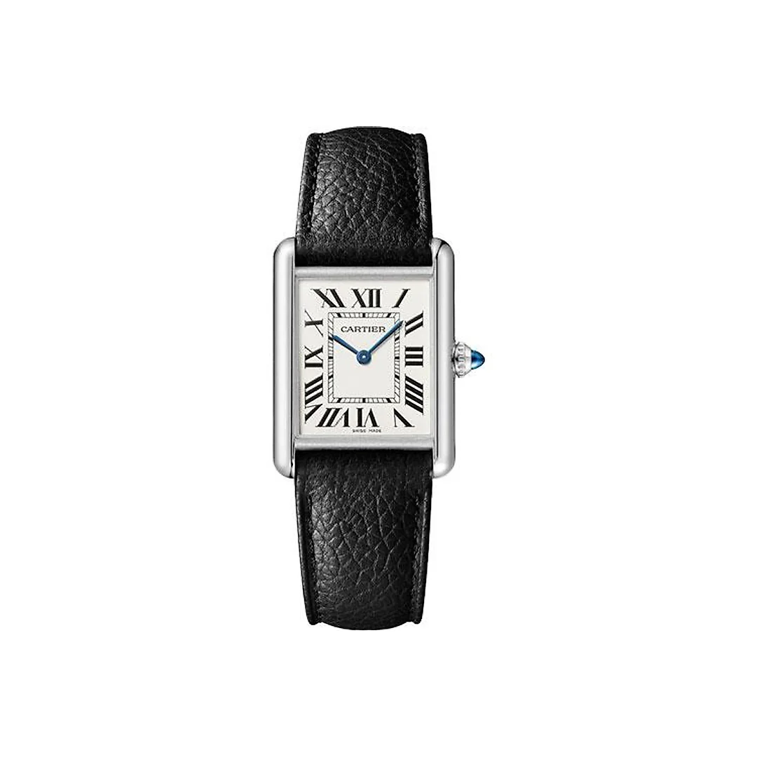 Cartier Tank Must Watch – 33.7 mm x 25.5 mm Steel Case – Silvered Dial – Interchangeable Black Grained Calfskin Strap – WSTA0041