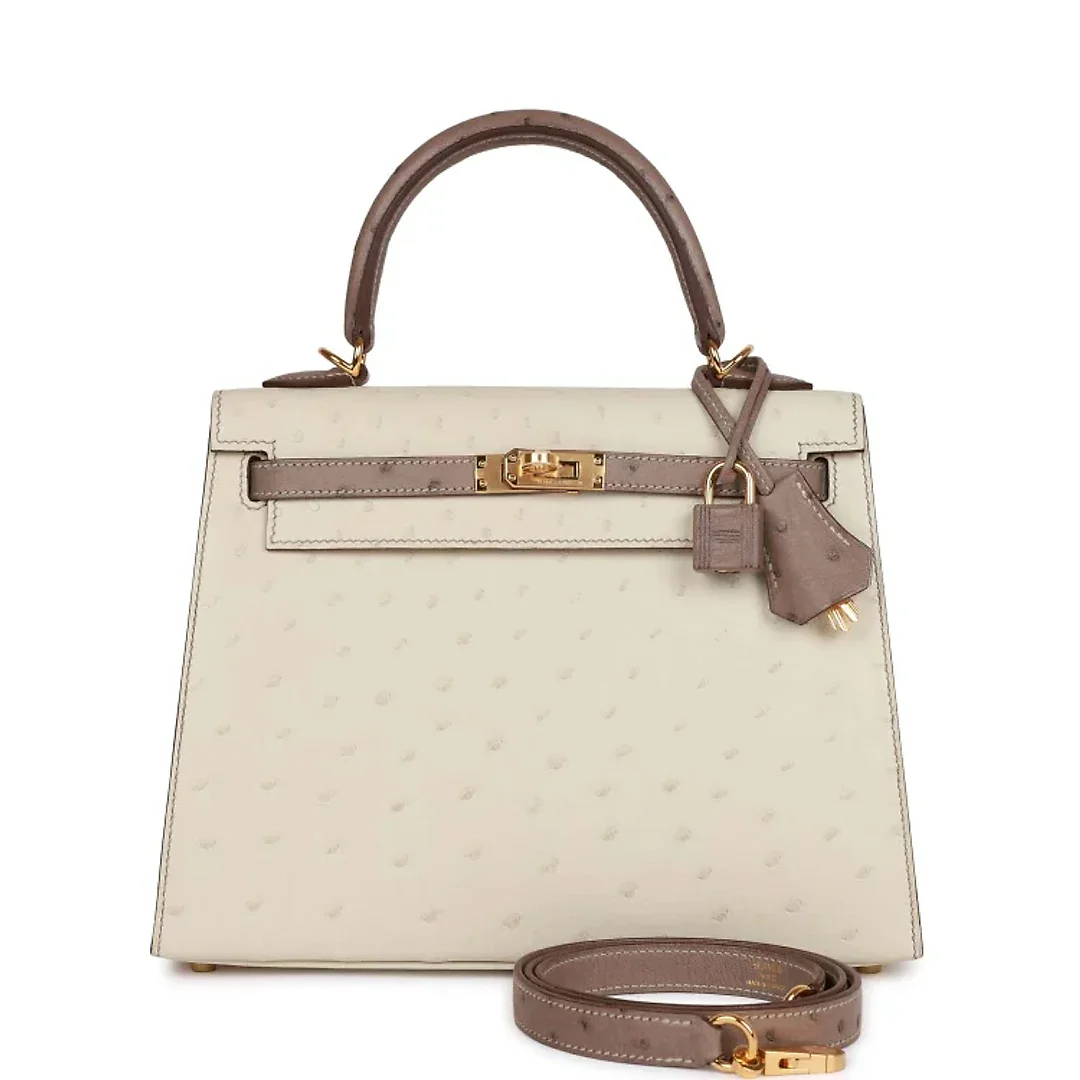 H Special Order (HSS) Kelly Sellier 25 Beton and Gris Asphalte Ostrich Gold Hardware