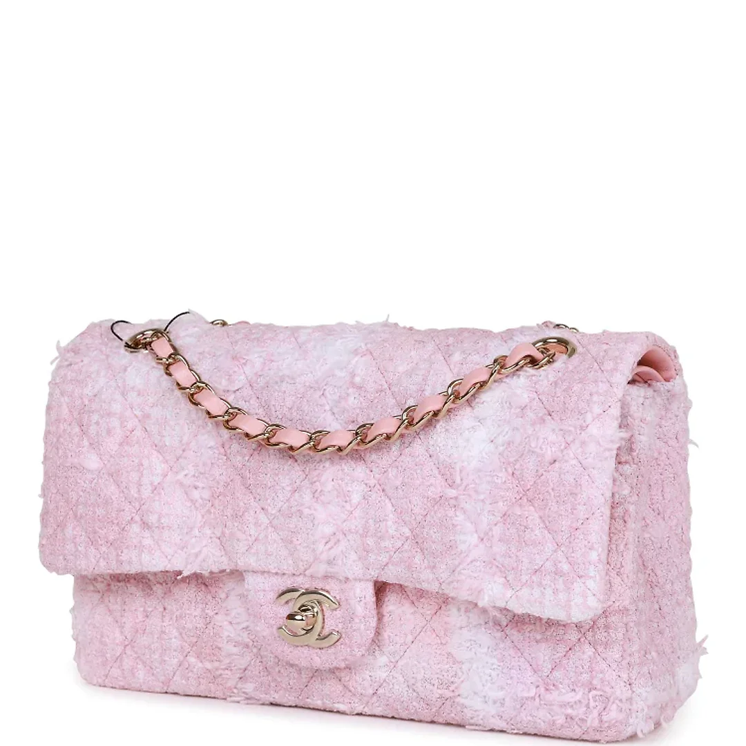 CC Medium Classic Double Flap Bag Rose Sakura Tweed Light Gold Hardware