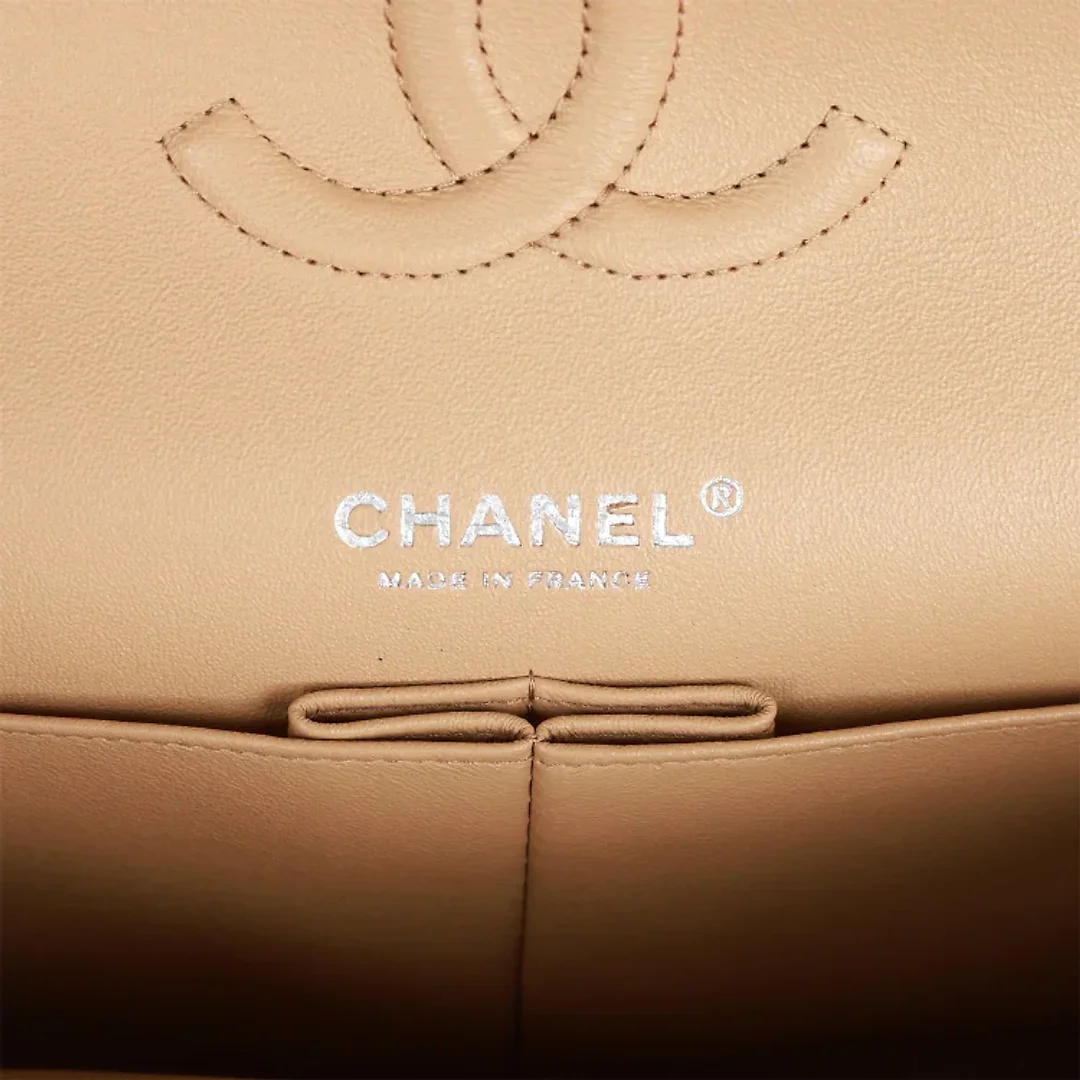 CC Medium Classic Double Flap Bag Beige Lambskin Silver Hardware
