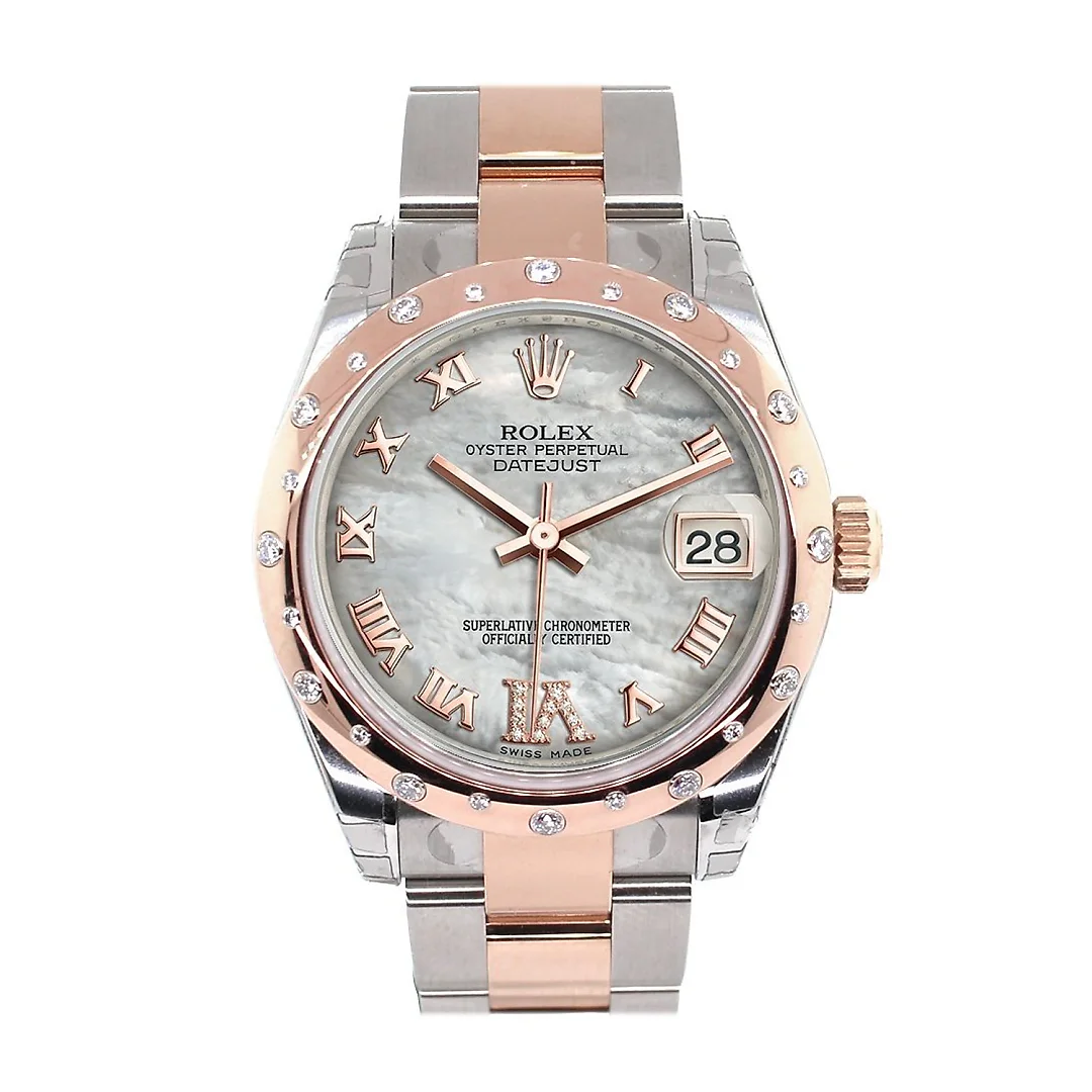 Datejust 31 White Mother of Pearl Roman Large VI set with Diamond Dial Diamond Bezel 18K Rose Gold Two Tone Ladies Watch 178341