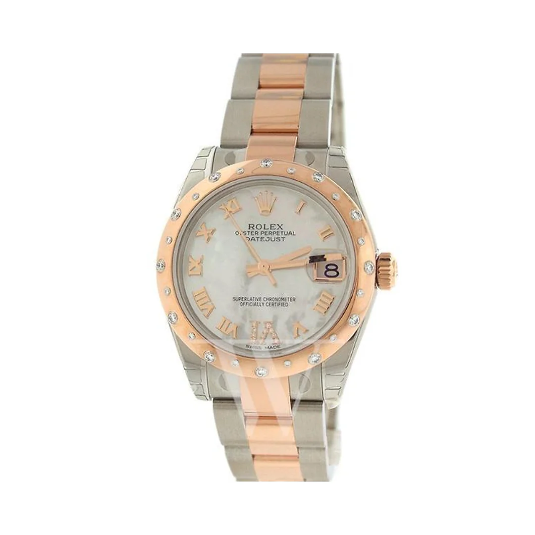 Datejust 31 White Mother of Pearl Roman Large VI set with Diamond Dial Diamond Bezel 18K Rose Gold Two Tone Ladies Watch 178341
