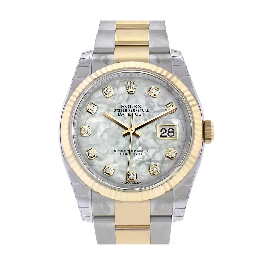 Datejust 36 White mother-of-pearl Diamond Dial Fluted 18K Gold Two Tone Oyster Watch 116233