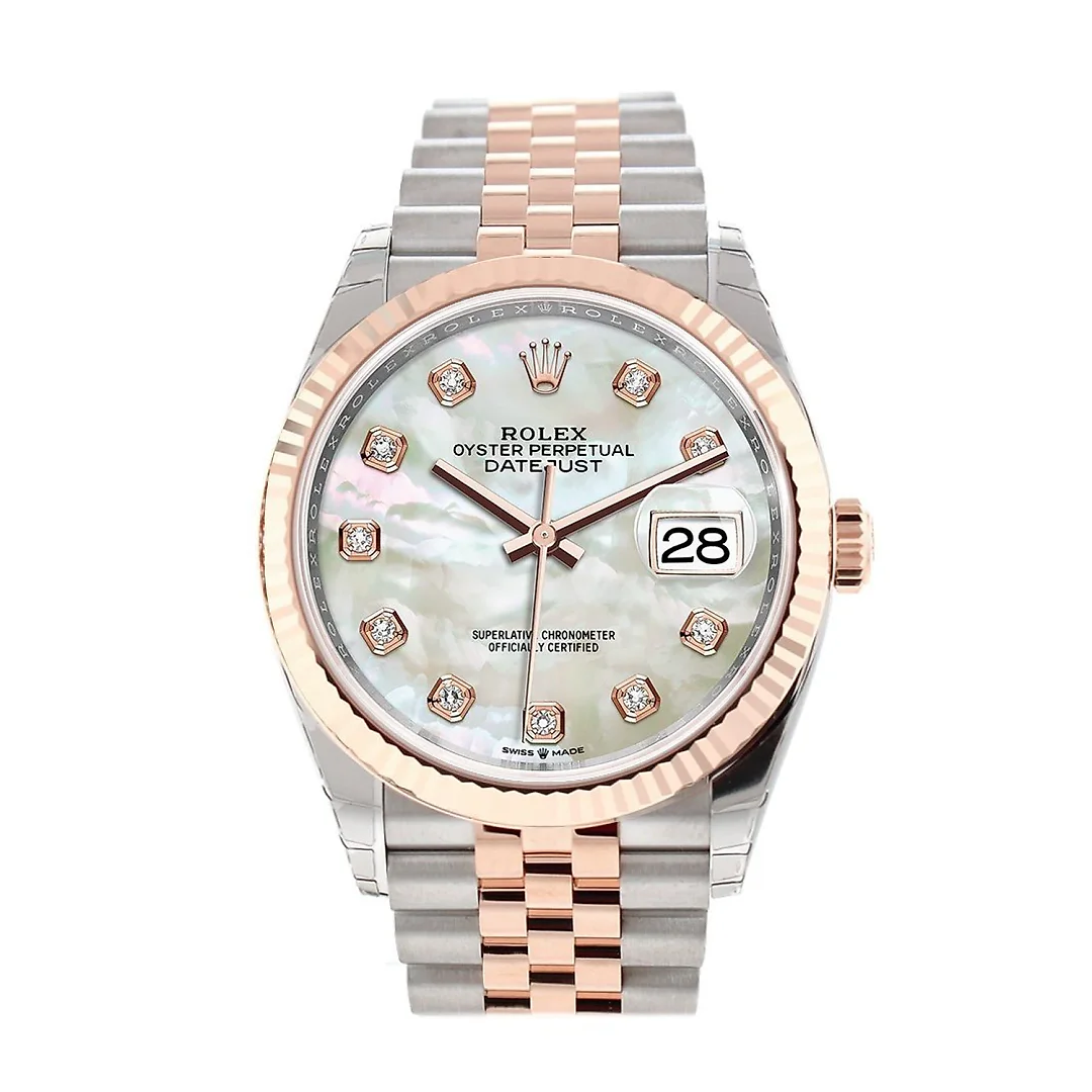 Datejust 36 White Mother-of-Pearl Set with Diamonds Dial Fluted Rose Gold Two Tone Jubilee Watch 126231 NP