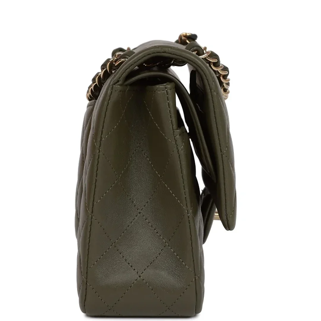 CC Medium Classic Double Flap Bag Olive Calfskin Light Gold Hardware