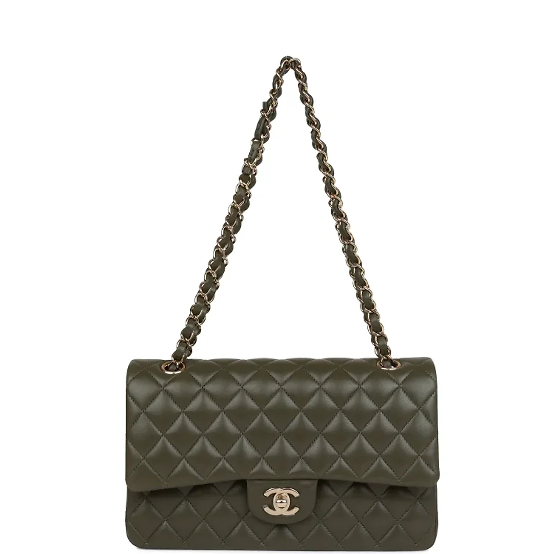 CC Medium Classic Double Flap Bag Olive Calfskin Light Gold Hardware