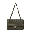 CC Medium Classic Double Flap Bag Olive Calfskin Light Gold Hardware