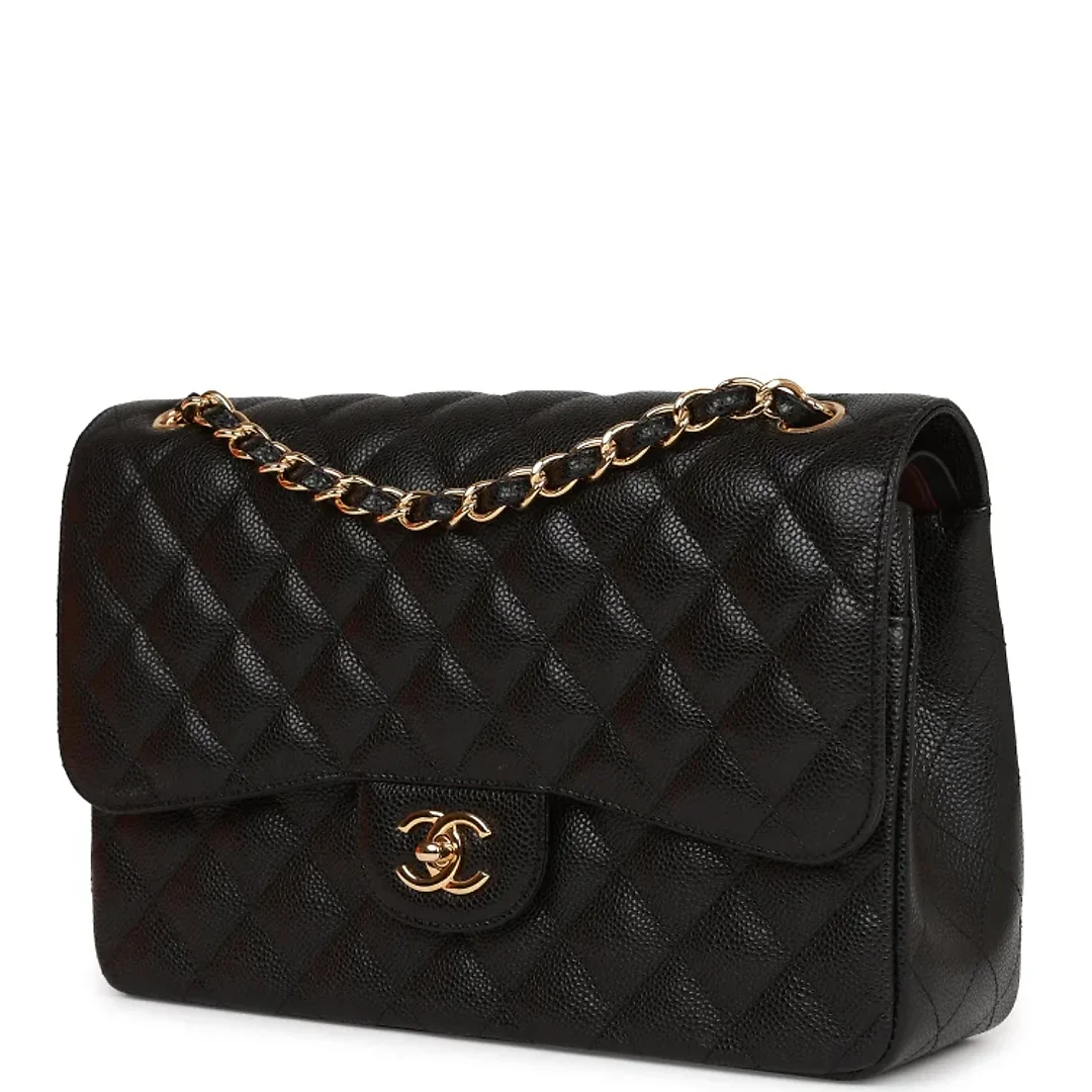 CC Jumbo Classic Double Flap Bag Black Caviar Gold Hardware