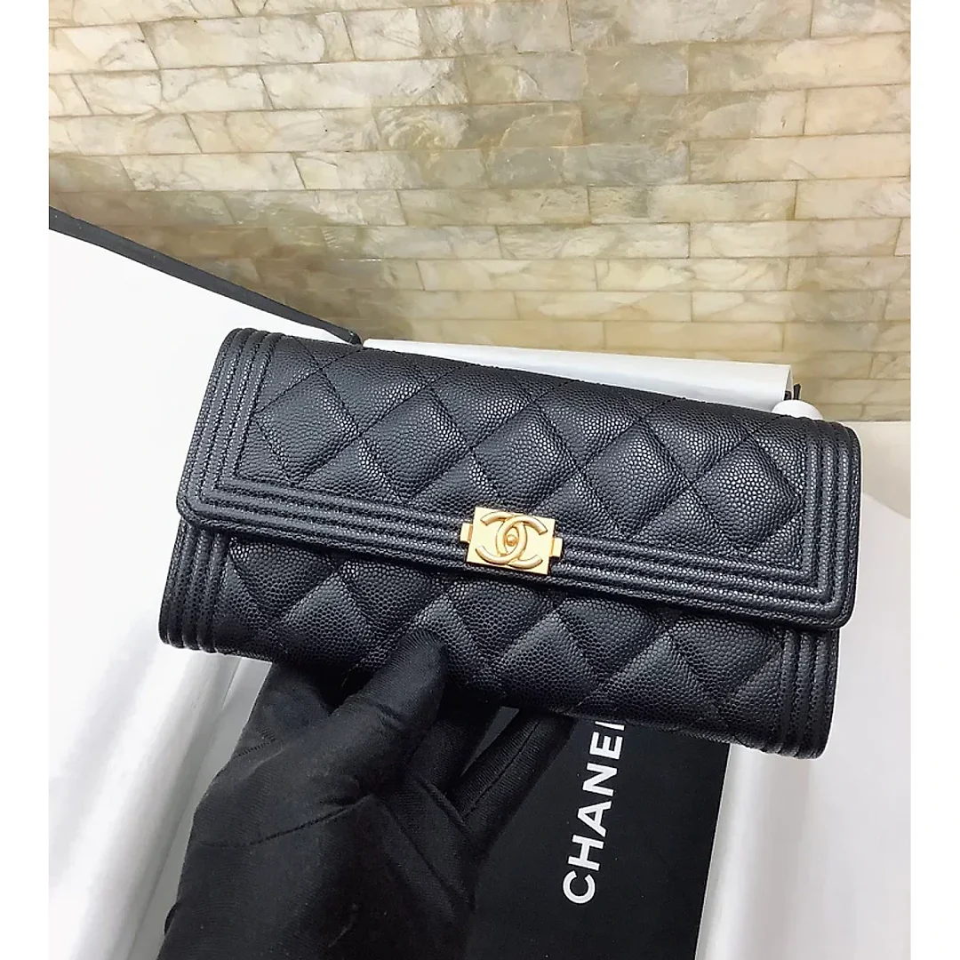 cc CO-CO Long Flap Wallet 19.5cm/7.7in Gold Hardware For Women Black