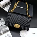 CC 25.5cm Boy Handbag Black Grained Calfskin Gold Tone Metal Caviar leather
