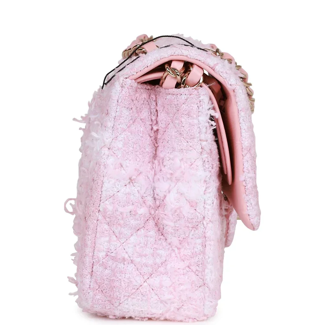 CC Medium Classic Double Flap Bag Rose Sakura Tweed Light Gold Hardware