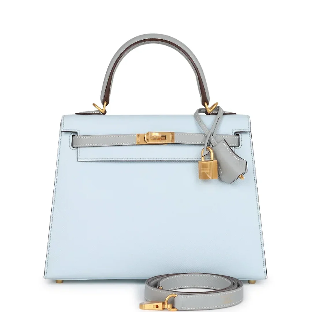 H Special Order (HSS) Kelly Sellier 25 Bleu Brume and Bleu Glacier Epsom Brushed Gold Hardware