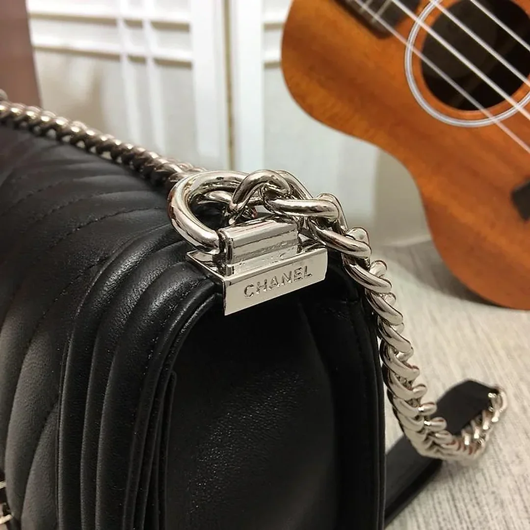 CC 25cm Boy Handbag Calfskin Silver Tone Metal Black