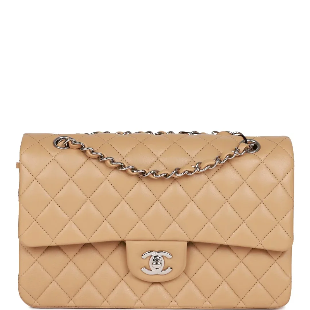 CC Medium Classic Double Flap Bag Beige Lambskin Silver Hardware