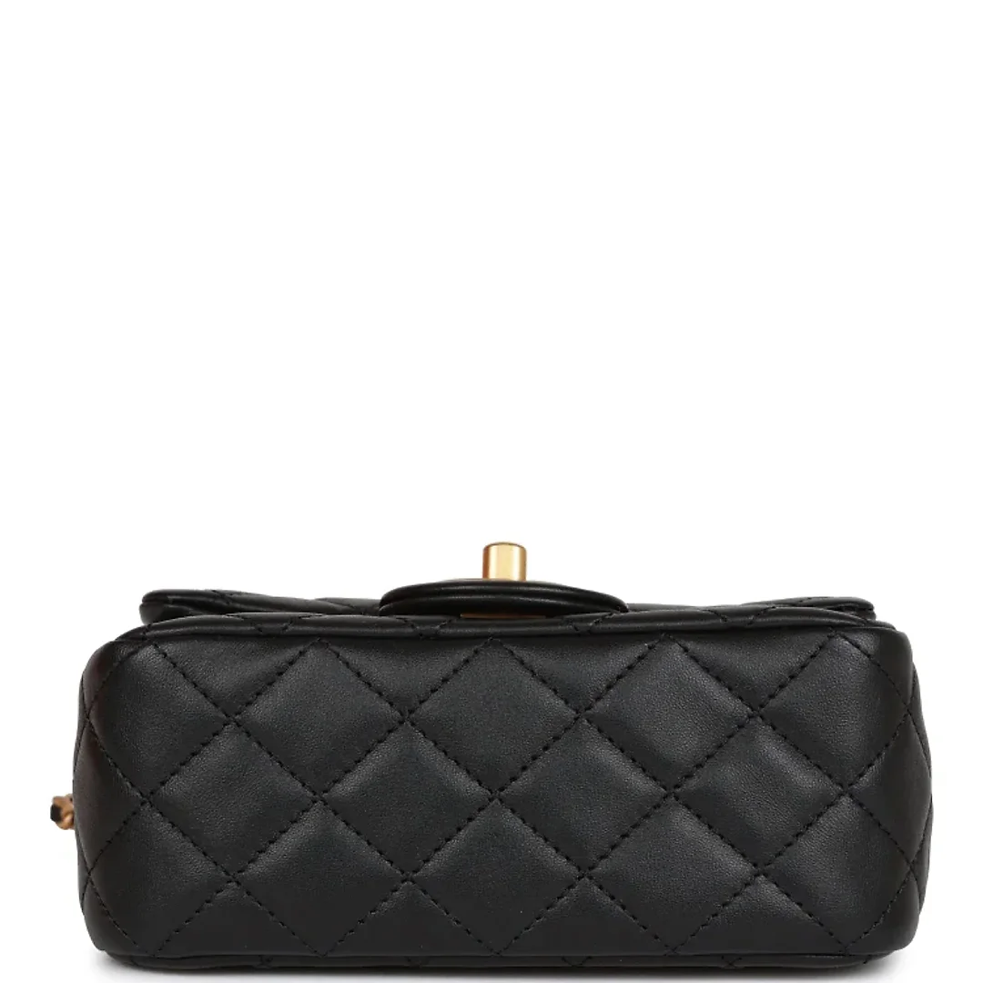 CC Pearl Crush Mini Square Flap Bag Black Lambskin Antique Gold Hardware