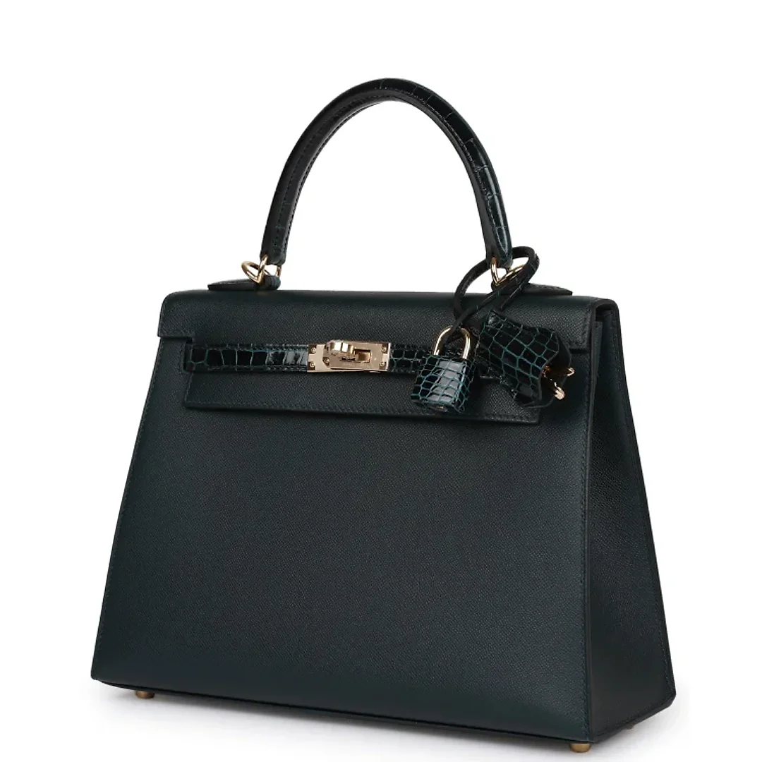 H Kelly Sellier 25 Vert Rousseau Madame and Shiny Niloticus Crocodile Touch Gold Hardware
