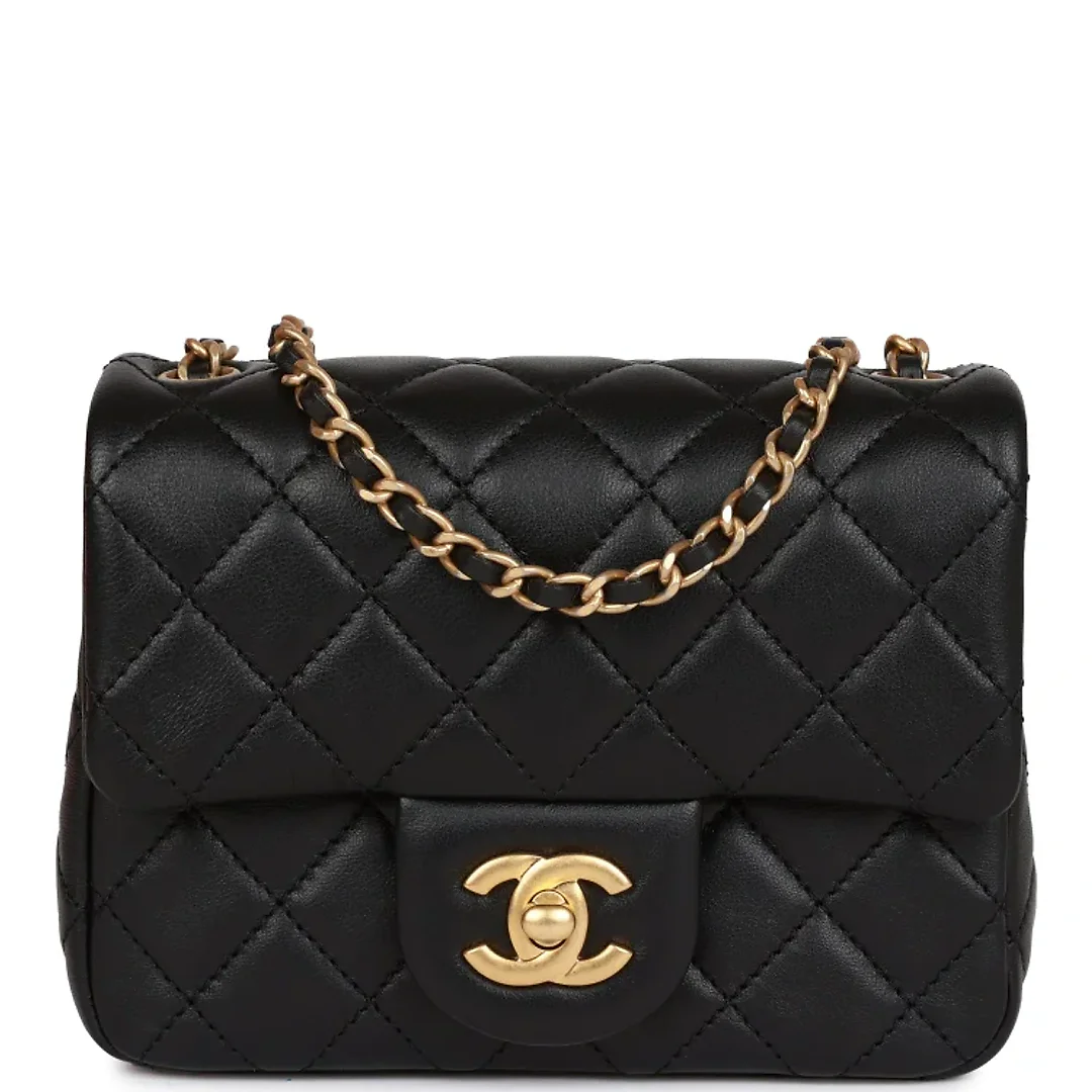 CC Pearl Crush Mini Square Flap Bag Black Lambskin Antique Gold Hardware