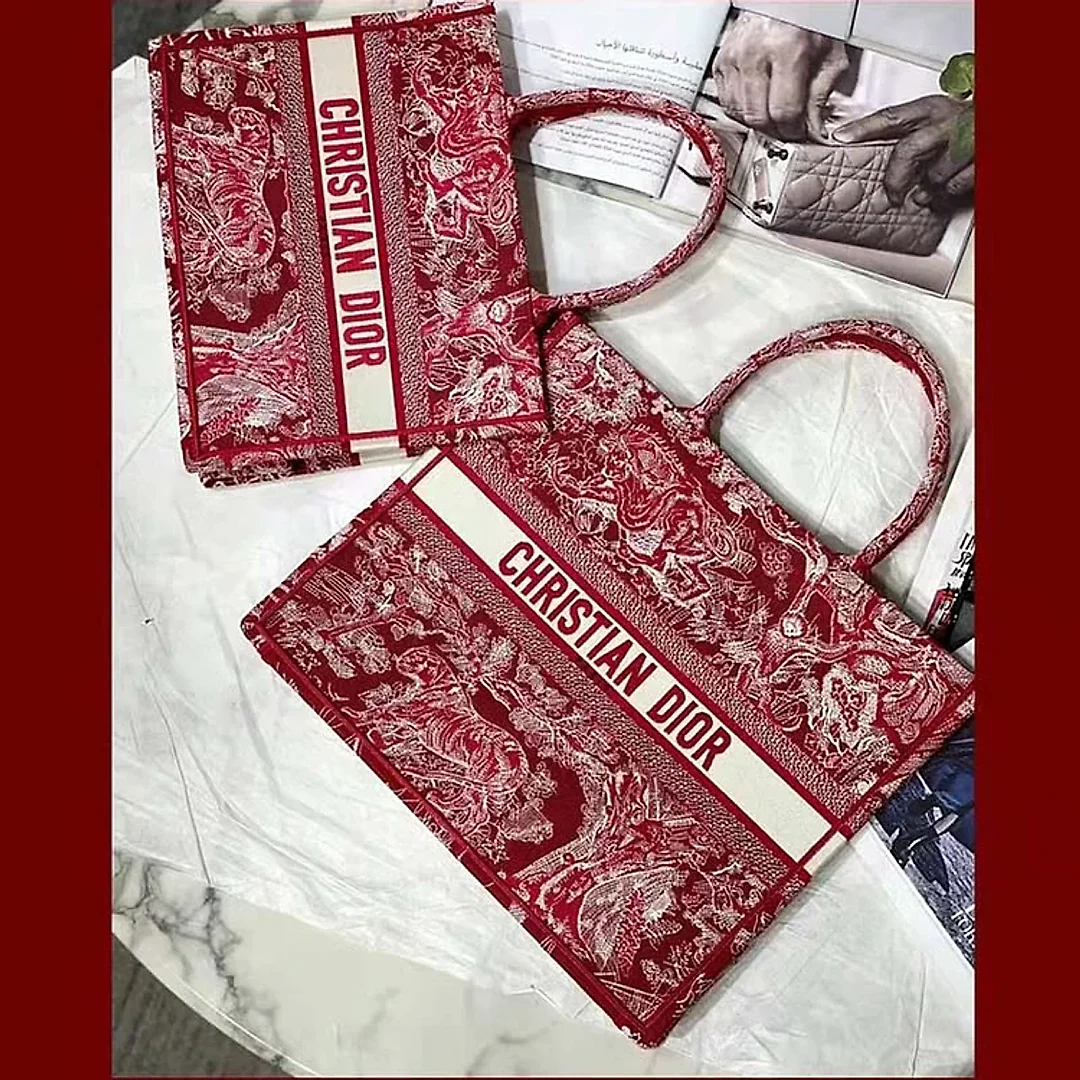 CD Unisex Medium Book Tote Burgundy Toile De Jouy Stripes Embroidery
