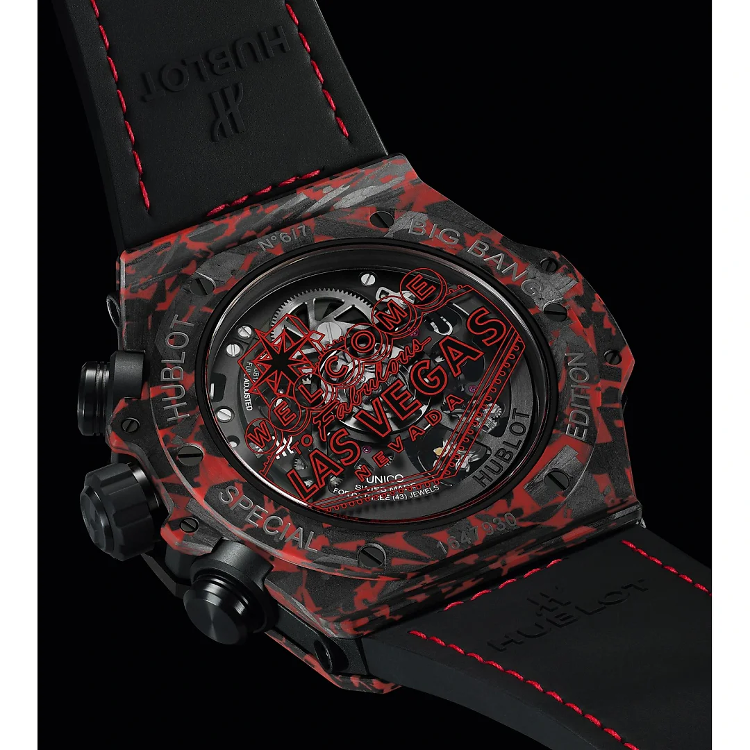 Hublot Big Bang Unico Red Carbon Black Diamonds Las Vegas Boutique, Matt Red Frosted carbon, 126 black diamonds, 44mm, Limited Edition, Ref# 421.QV.1113.LR.1100.LVB23