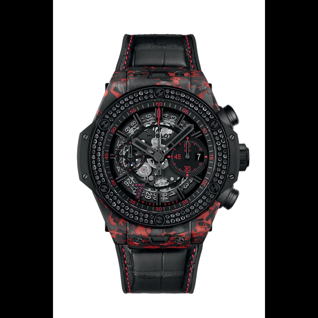Hublot Big Bang Unico Red Carbon Black Diamonds Las Vegas Boutique, Matt Red Frosted carbon, 126 black diamonds, 44mm, Limited Edition, Ref# 421.QV.1113.LR.1100.LVB23
