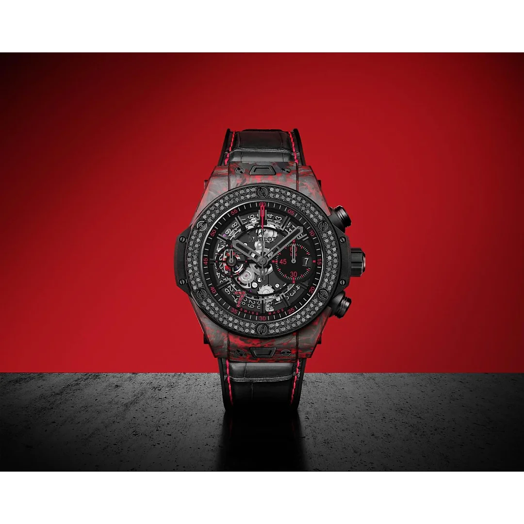 Hublot Big Bang Unico Red Carbon Black Diamonds Las Vegas Boutique, Matt Red Frosted carbon, 126 black diamonds, 44mm, Limited Edition, Ref# 421.QV.1113.LR.1100.LVB23