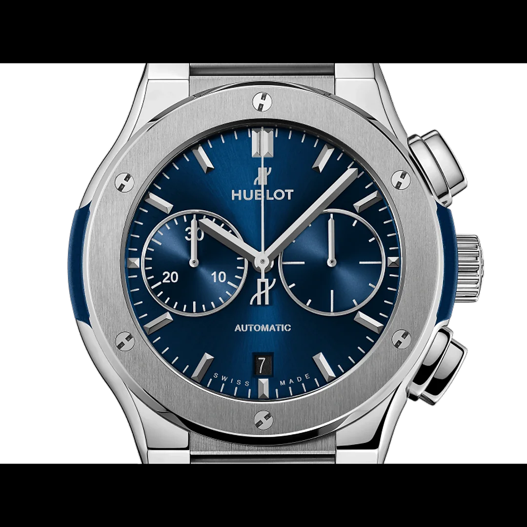 Hublot Classic Fusion Blue Chronograph Titanium Bracelet 45mm, Ref# 520.NX.7170.NX