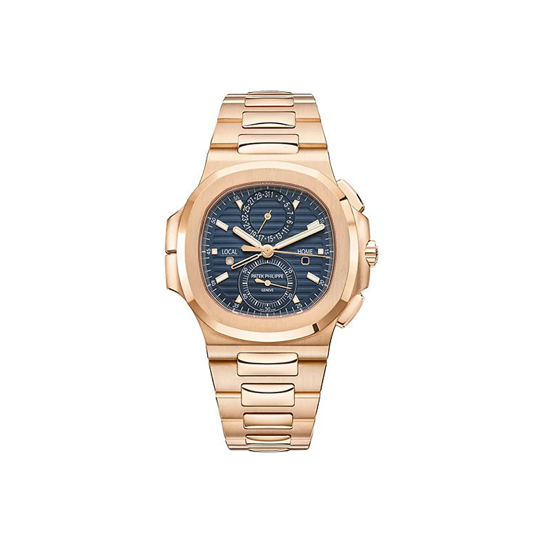 Patek Philippe Nautilus Self-Winding Travel Time Chronograph – 40.5 mm Rose Gold Case – Blue Dial – Rose Gold Bracelet – 5990/1R-001