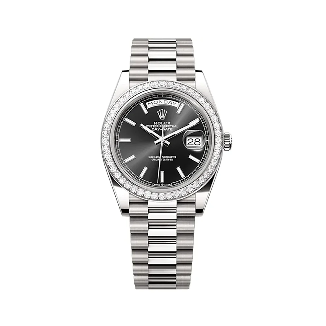 Rolex Day-Date 40 Presidential Black dial, Diamond Bezel, President bracelet, White gold Watch