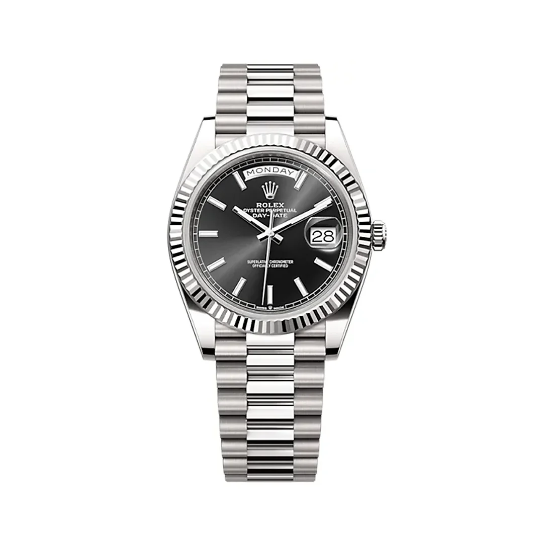Rolex Day-Date 40 Presidential Black dial, Fluted Bezel, President bracelet, White gold Watch