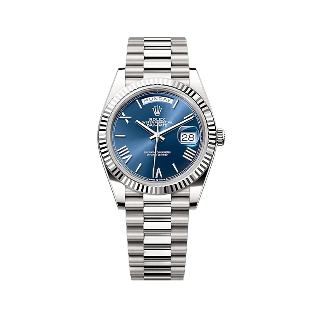 Rolex Day-Date 40 Presidential Blue dial, Fluted Bezel, President bracelet, White gold Watch