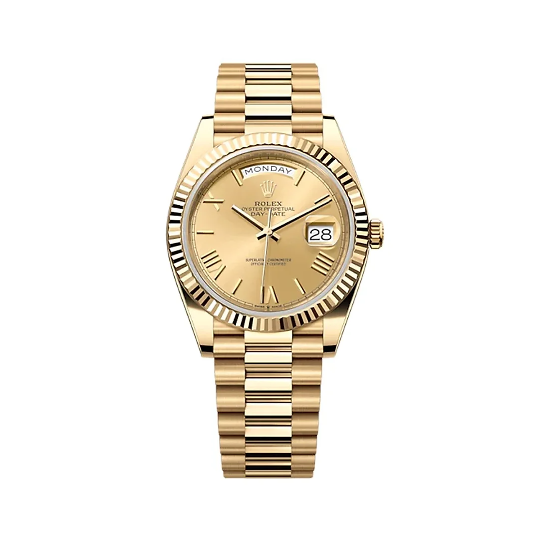 Rolex Day-Date 40 Presidential Champagne dial, Fluted Bezel, President bracelet, Yellow gold Watch