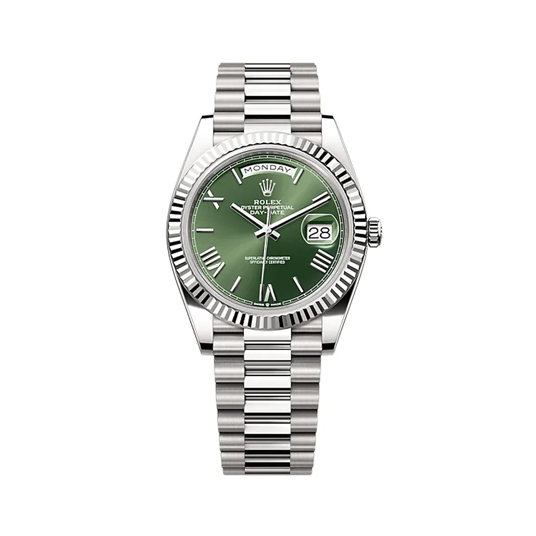 Rolex Day-Date 40 Presidential Olive green dial, Fluted Bezel, President bracelet, White gold Watch