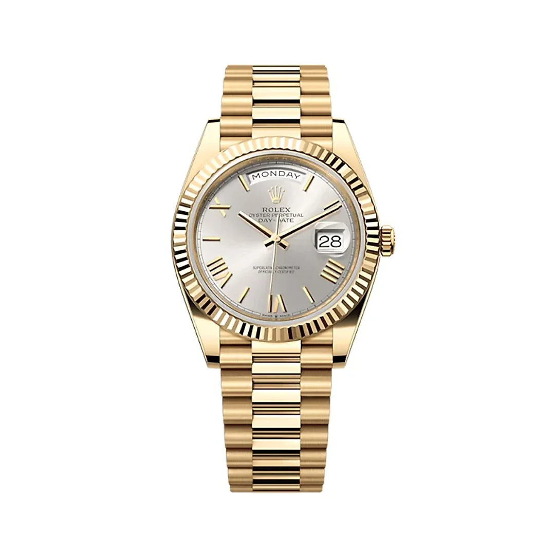 Rolex Day-Date 40 Presidential Silver dial, Fluted Bezel, President bracelet, Yellow gold Watch