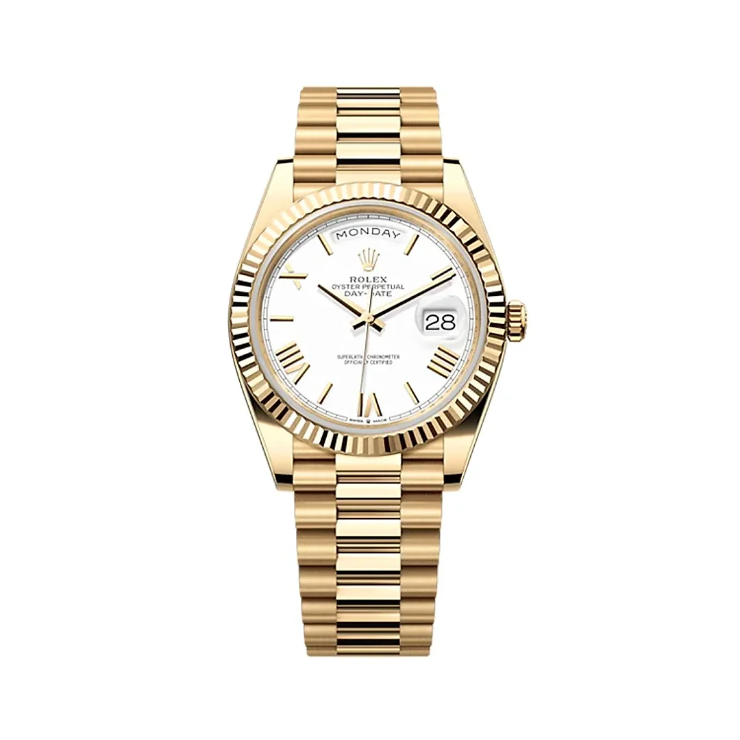 Rolex Day-Date 40 Presidential White dial, Fluted Bezel, President bracelet, Yellow gold Watch