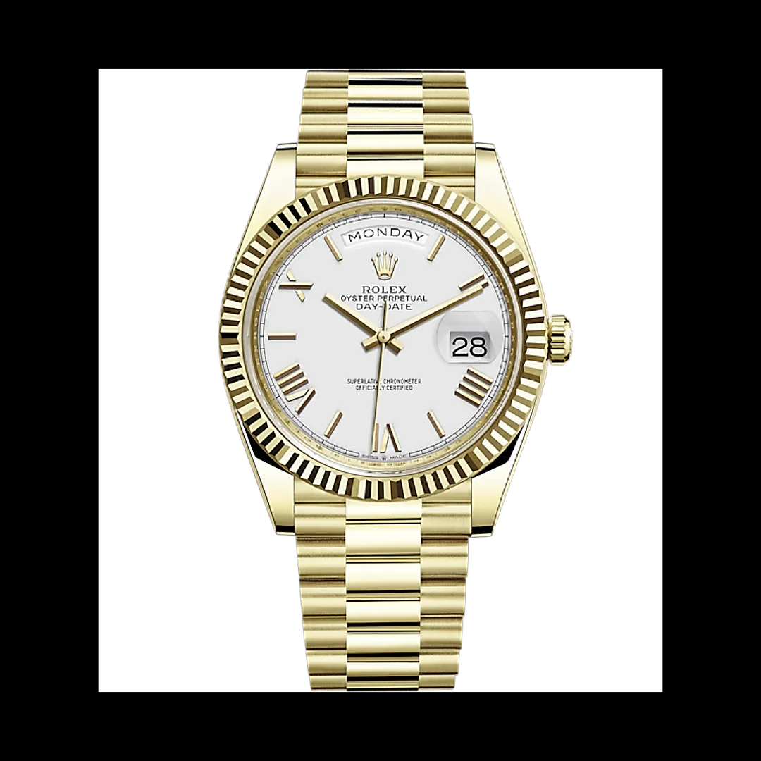 Rolex Day-Date 40 Presidential White dial, Fluted Bezel, President bracelet, Yellow gold Watch