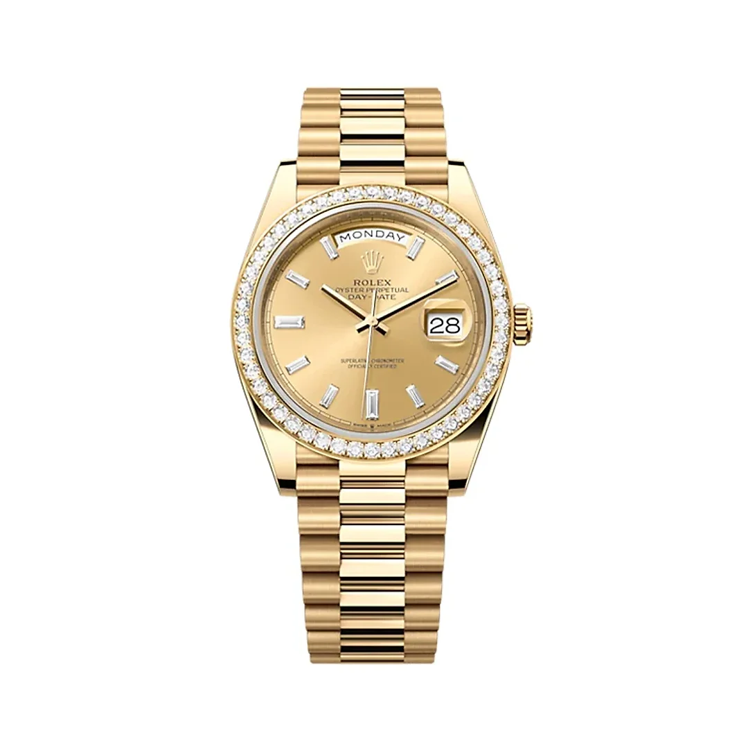 Rolex Day-Date 40 Presidential, Yellow gold, Champagne dial, Diamond Bezel, President bracelet,