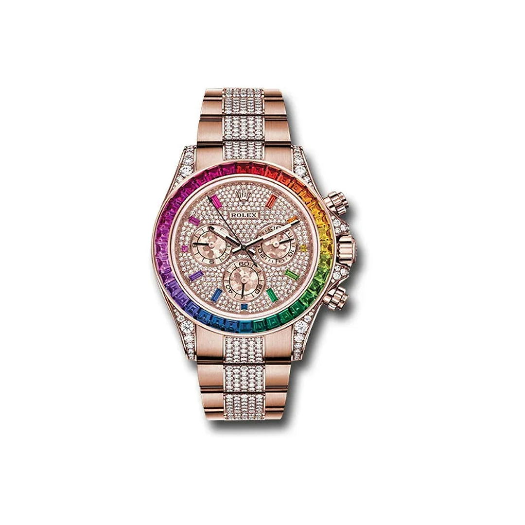 Rolex Everose Cosmograph Daytona 40 Watch – 36 Baguette-Cut Sapphires In Rainbow Graduation Bezel – Diamond Paved Rainbow Sapphire Dial – Diamond Bracelet – 116595RBOW dpgcs