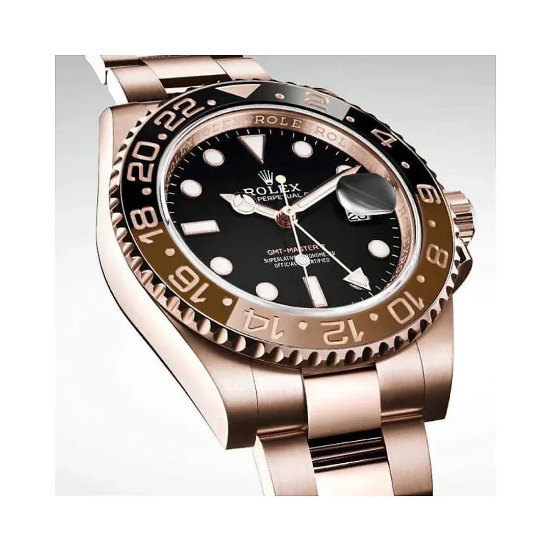 Rolex GMT-Master II 40mm Root Beer Black Dial Oyster Bracelet 18k Rose Gold Watch 126715chnr-0001