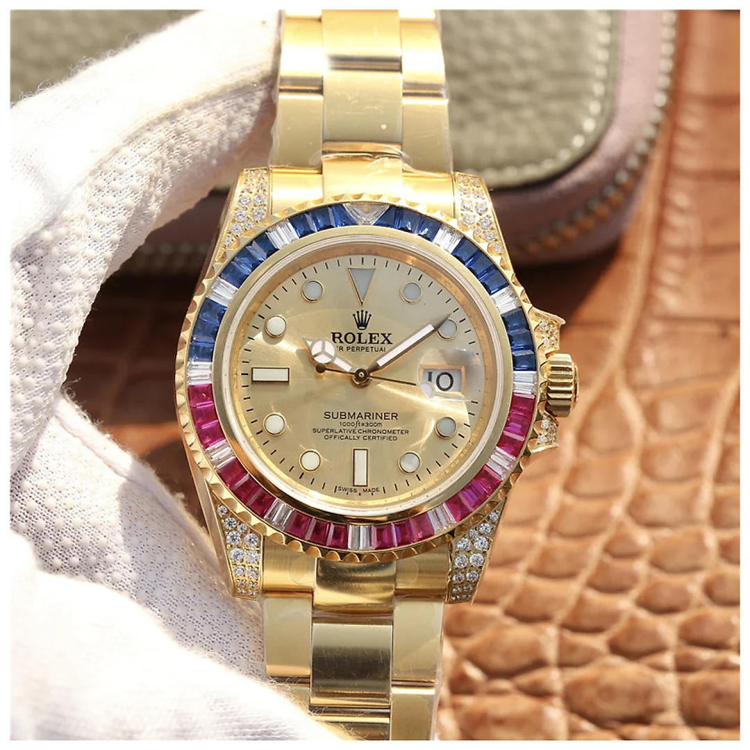 Rolex Submariner Golden Blue / Red Diamond Gold Dial 40mm
