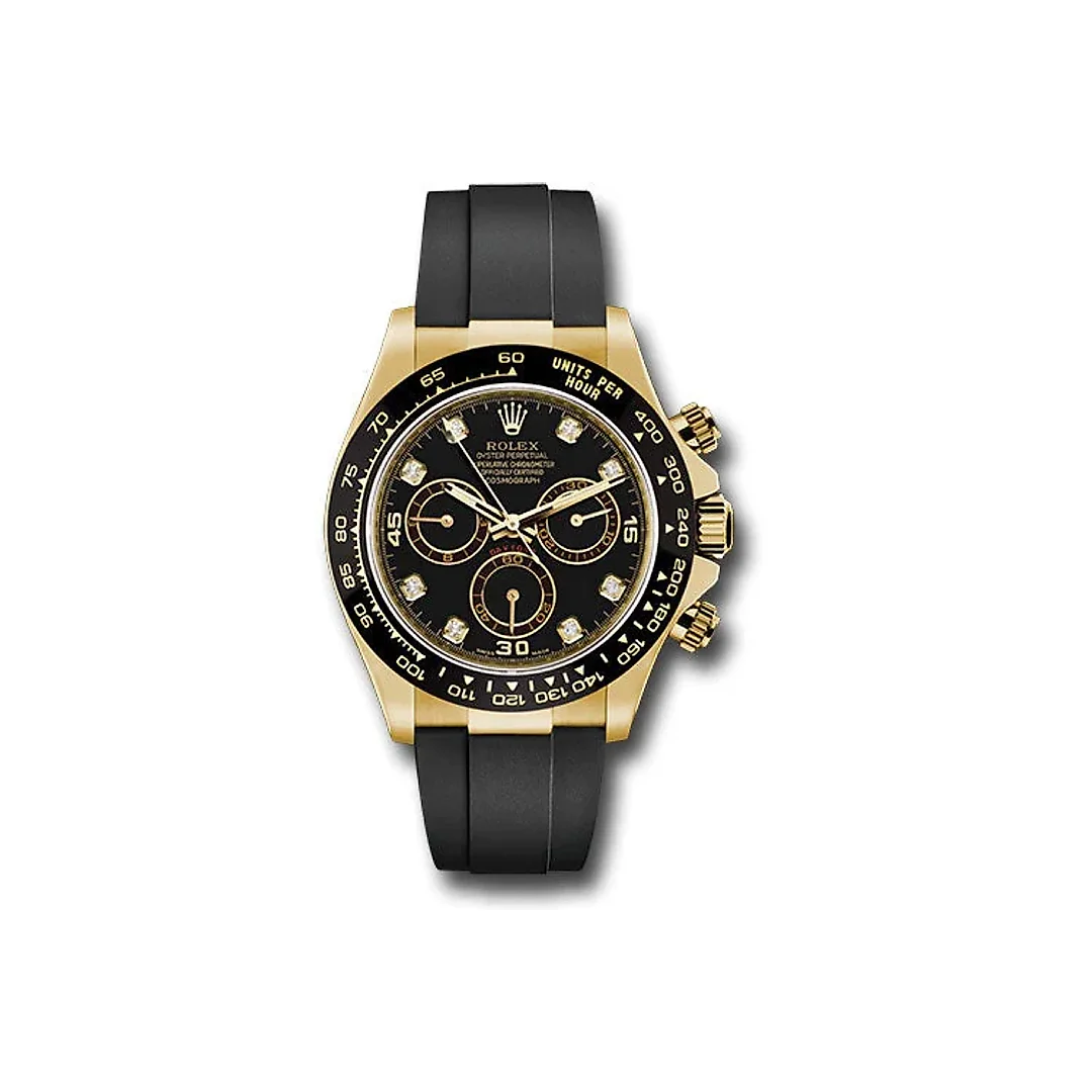 Rolex Yellow Gold Cosmograph Daytona 40 Watch – Black Diamond Dial – Black Oysterflex Strap – 116518LN bkdof
