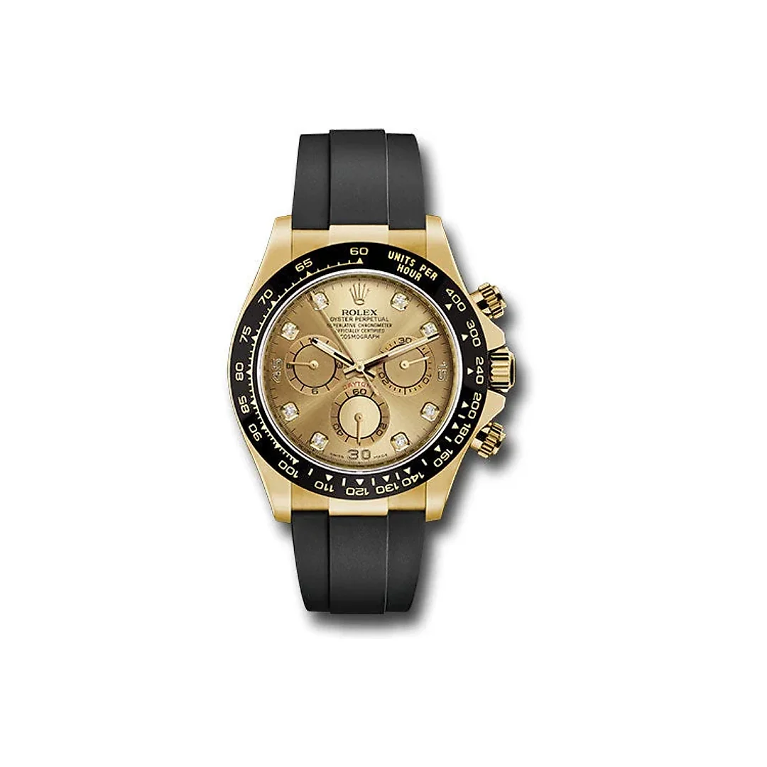 Rolex Yellow Gold Cosmograph Daytona 40 Watch – Champagne Diamond Dial – Black Oysterflex Strap – 116518LN chdof