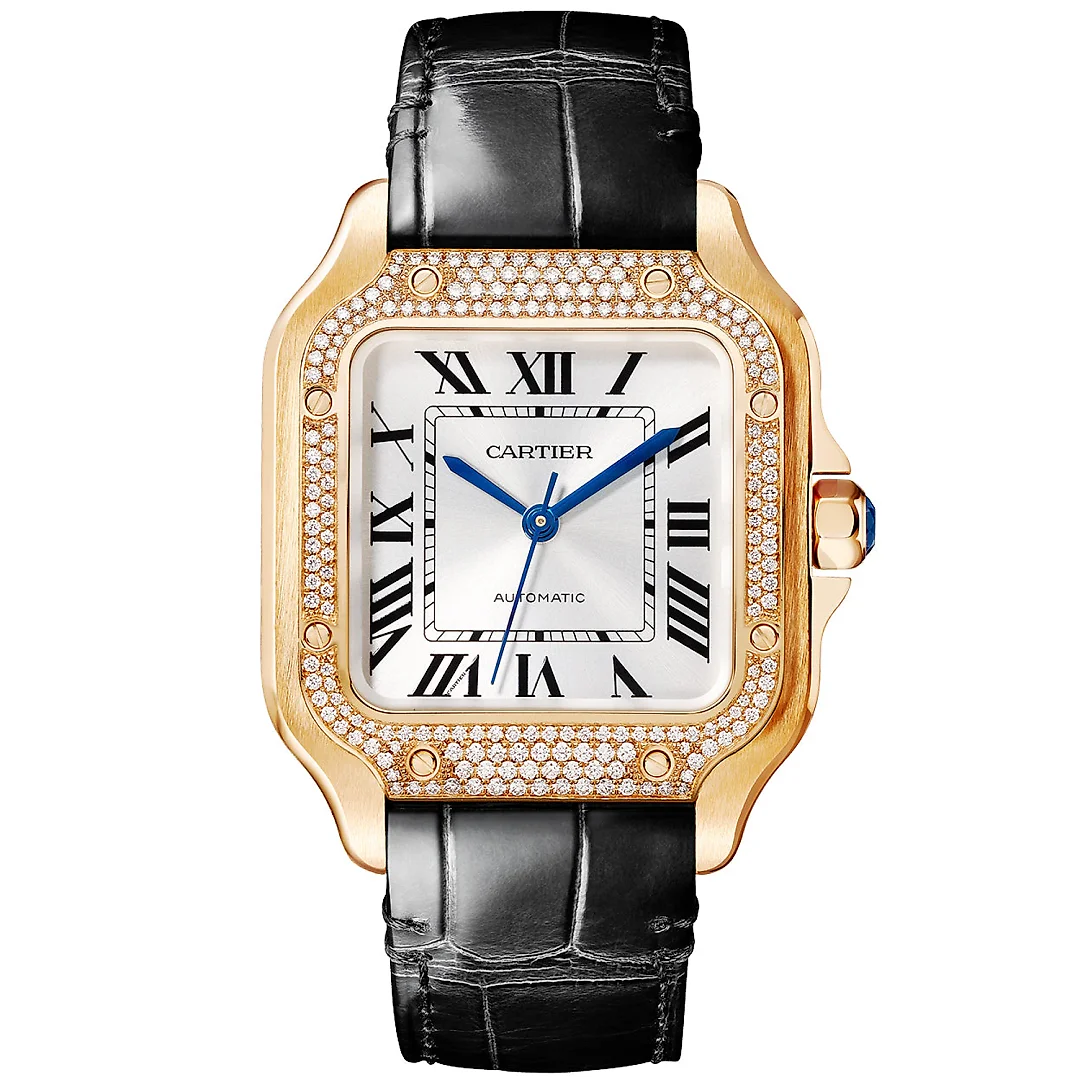Santos de Cartier Medium Diamond Set Automatic 18ct Rose Gold Watch