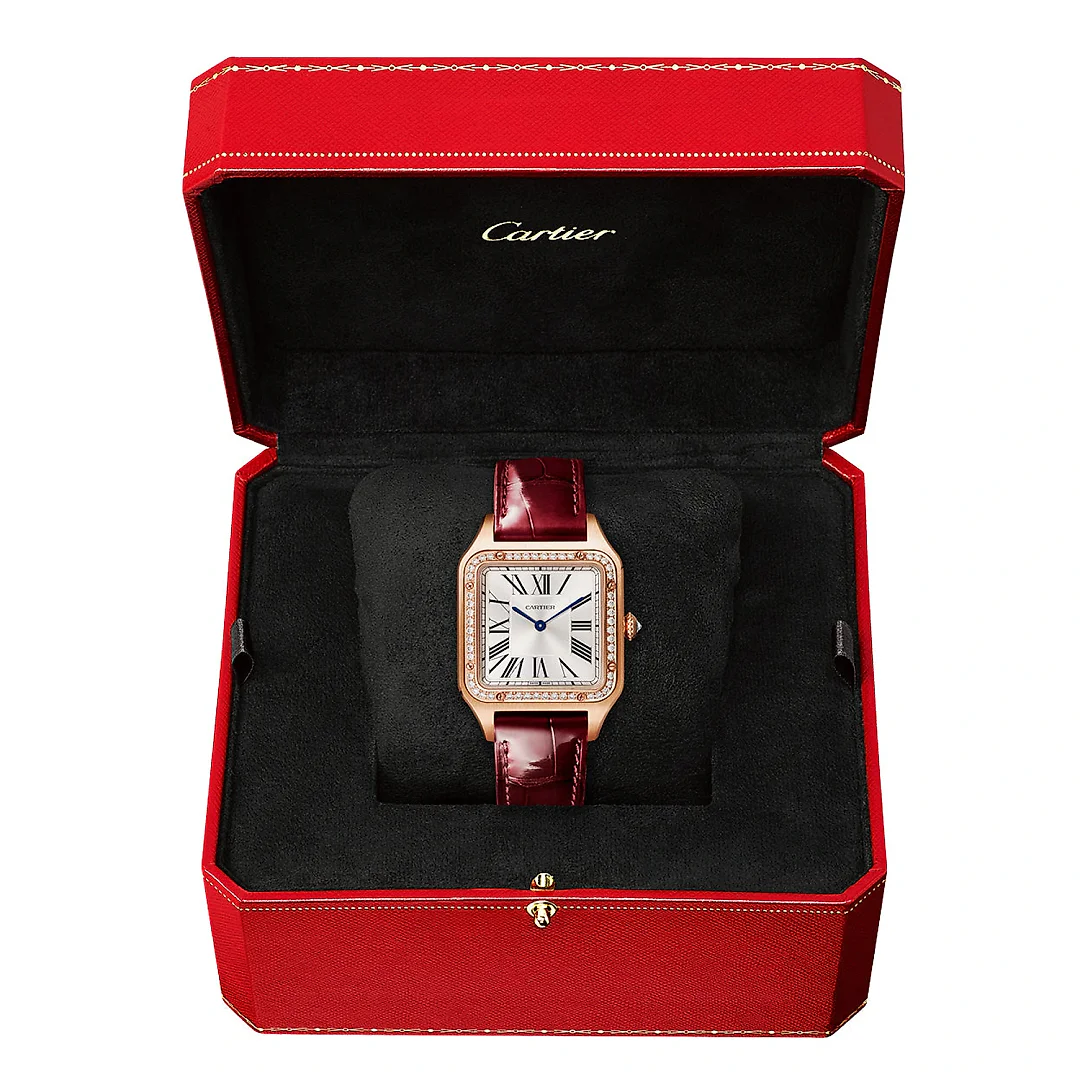 Santos-Dumont Large 18ct Rose Gold Silver Dial Diamond Bezel Watch