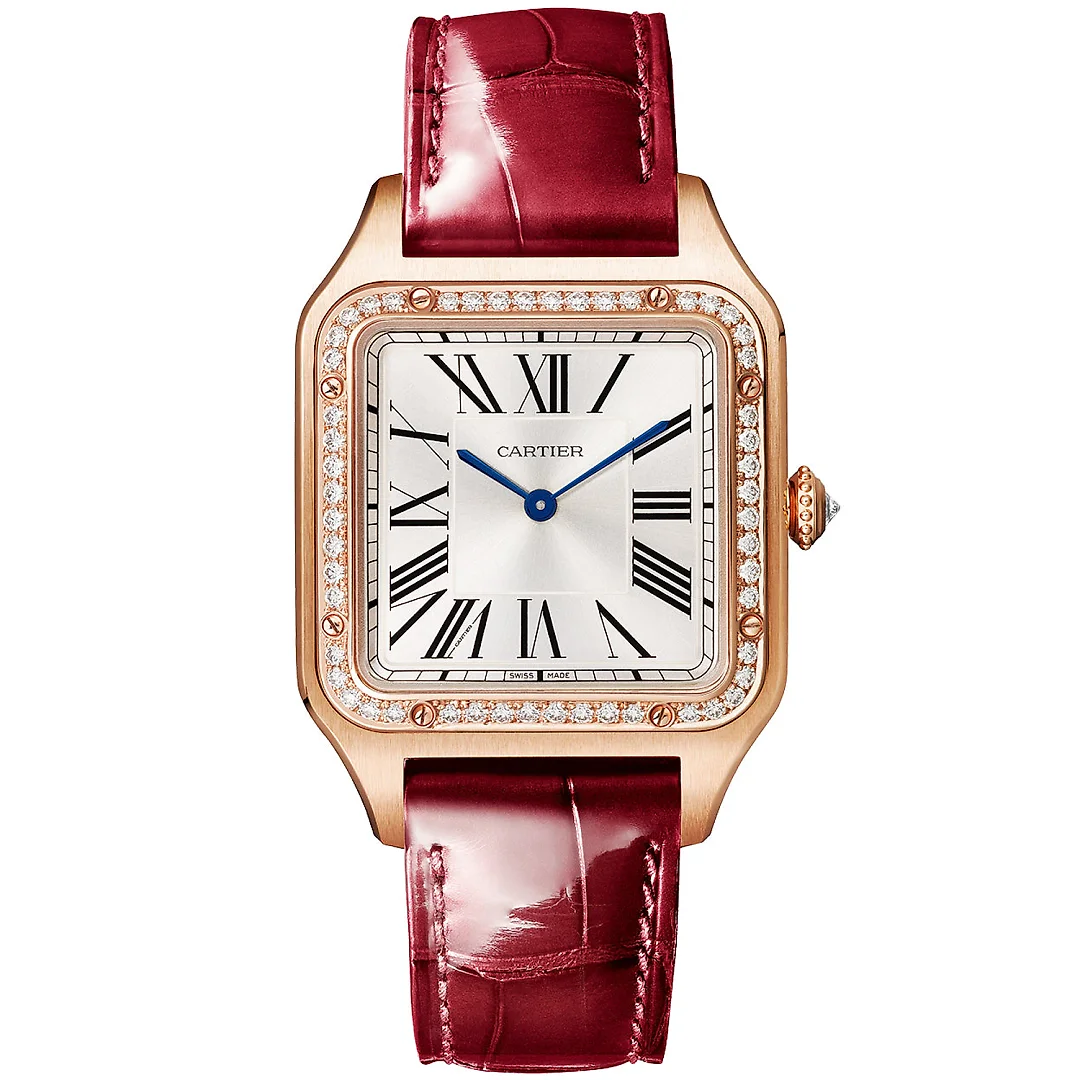Santos-Dumont Large 18ct Rose Gold Silver Dial Diamond Bezel Watch