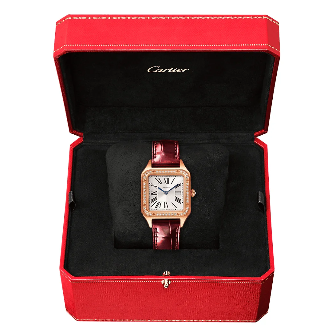 Santos-Dumont Small 18ct Rose Gold Silver Dial Diamond Set Bezel Strap Watch
