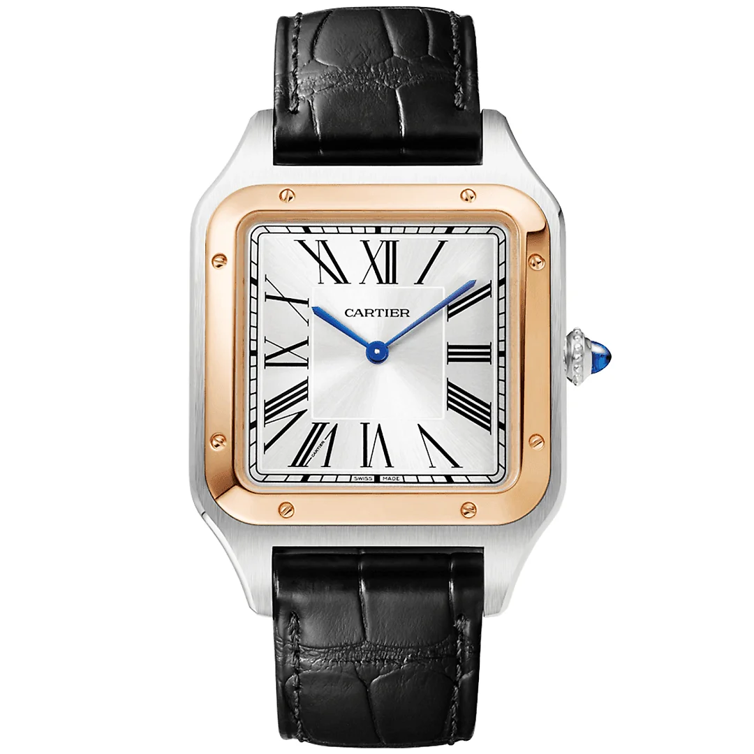 Santos-Dumont XL Steel & 18ct Rose Gold Silver Dial Leather Strap Watch6